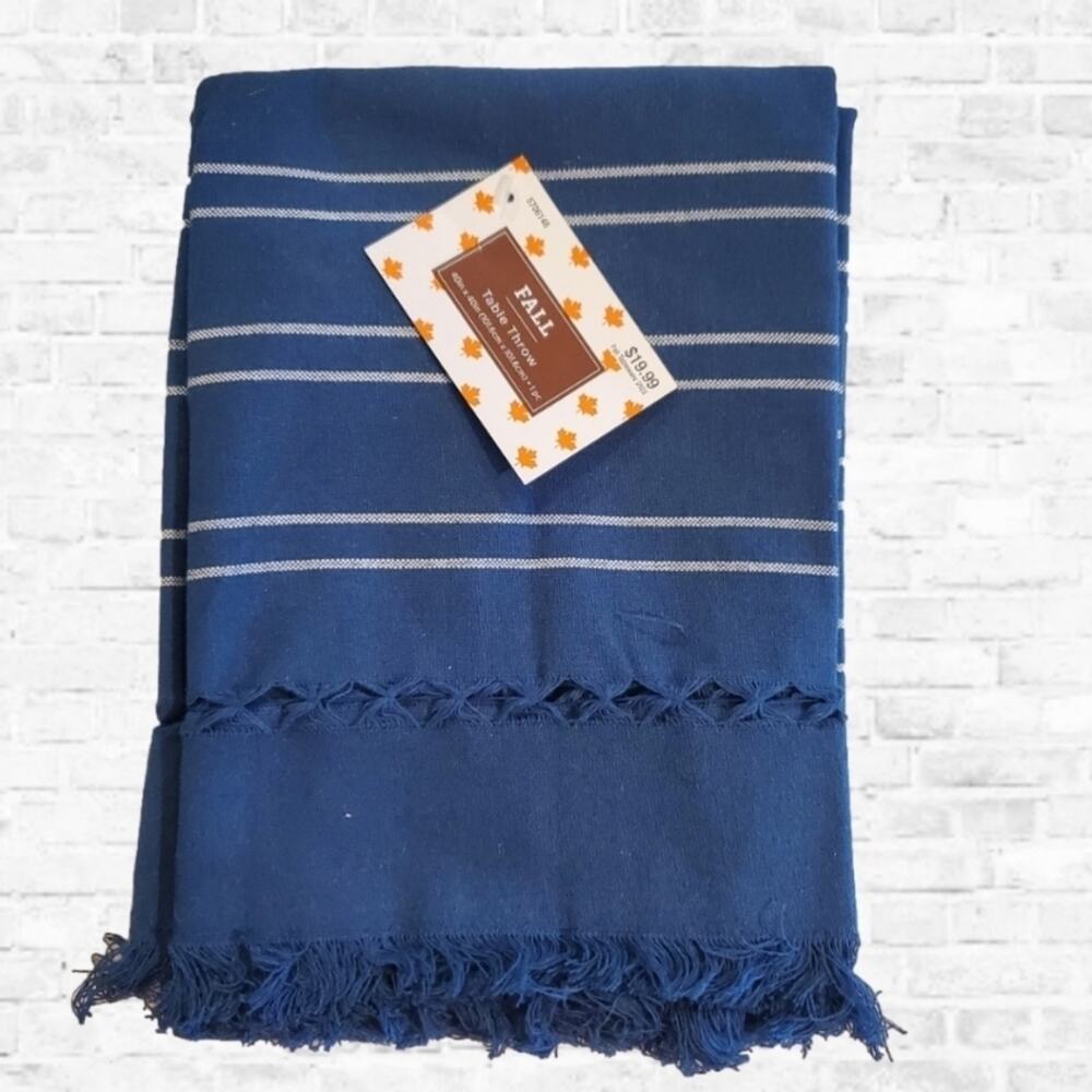 Blue White Stripe Fringe Accents Table throw 40" x 40" Inches